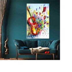 violin and butterflies, colorful wall art, violin canvas, violin wall art, violin poster, colorful poster, violin painti