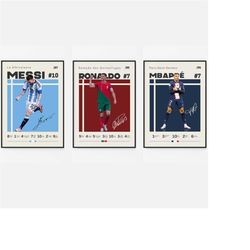 lionel messi, christiano ronaldo, kylian mbappe, 3 legends poster set, football fans, socccer poster, sports gift for hi