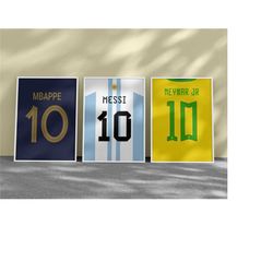 printable mbappe messi neymar national jersey posters, set of 3 prints