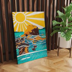 canvas painting of woman swimming like a dream on calm blue waters, poster of woman diving into deep waters of the sea