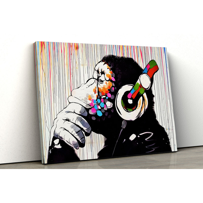 Thinking Monkey, Dj Monkey Wall Art, Banksy Monkey, Colorful Rainy Monkey, Monkey Canvas, Banksy Painting, Street Art Print, Monkey Wall Art.jpg