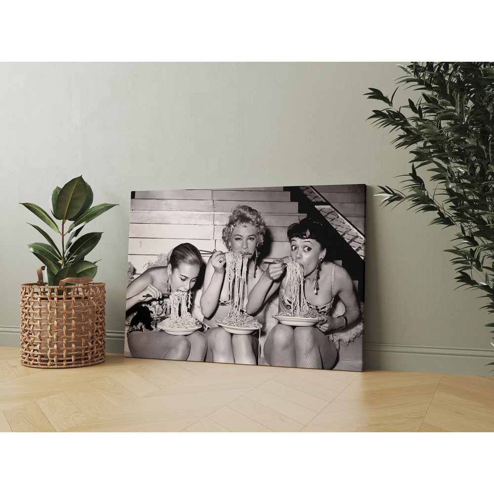 Women Eating Spaghetti Poster, Women Eating Pasta Black and White Vintage Print, Photography Prints, Wall Decor, Wall Art, Pasta Art.jpg