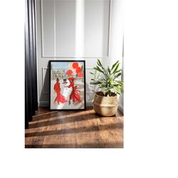 fashion christmas poster, luxury christmas wall decor, snowman and girls with balloons