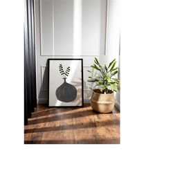 black mid century modern wall art, bohemian botanical poster, boho abstract plants canvas print