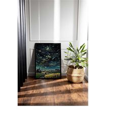 a bright night painting, moon art, moon shining, anime