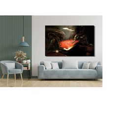 predator vs alien , alien vs predator playing billard poster art, alien poster, ready to hang, alien print canvas, preda