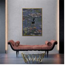 monet waterlily print black cat, poster gifts, cat mom gift, gift for cat mama, cat poster, japandi decor, vintage poste