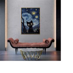 starry night cat, poster gifts, cat mom gift, gift for cat mama, cat poster, japandi decor, vincent van gogh, nightly st