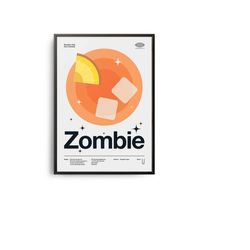 midcentury zombie cocktail poster, zombie cocktail print, cocktail kitchen art, zombie cocktail recipe poster, zombie co