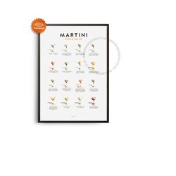 midcentury martini cocktails guide poster, martini cocktails print, cocktails guide kitchen art, cocktails recipe poster