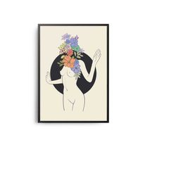 abstract floral woman line art poster, midcentury modern hand drawn black white art, midcentury line art print, boho, ma