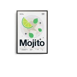 midcentury mojito cocktail poster, mojito cocktail print, cocktail kitchen art, mojito cocktail recipe poster, mojito co