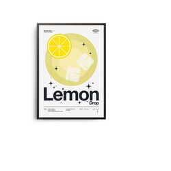 midcentury lemon drop martini cocktail poster, lemon drop cocktail print, cocktail kitchen art, cocktail recipe poster,