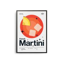 midcentury french martini cocktail poster, french martini cocktail print, cocktail kitchen art, cocktail recipe poster,