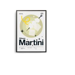 midcentury gibson martini cocktail poster, gibson martini cocktail print, cocktail kitchen art, cocktail recipe poster,