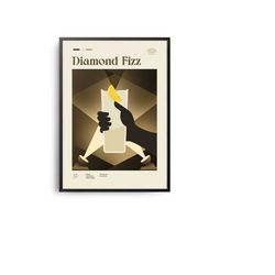 diamond fizz cocktail midcentury poster, cocktail recipe poster, cocktail guide, kitchen cocktail wall decor, classical