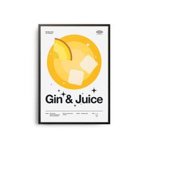 midcentury gin & juice cocktail poster, gin juice cocktail print, cocktail kitchen art, cocktail recipe poster, gin juic