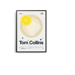 midcentury tom collins cocktail poster, tom collins cocktail print, cocktail kitchen art, cocktail recipe art, tom colli