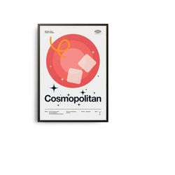 midcentury cosmopolitan cocktail poster, cosmopolitan cocktail print, cocktail kitchen art, cosmopolitan cocktail recipe