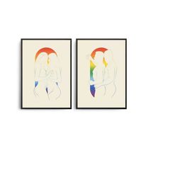 set of sexy lgbt line art poster, mid-century modern hand drawn black white art, mid century line art print, lesbian art