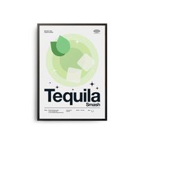 midcentury tequila smash cocktail poster, tequila smash cocktail print, cocktail kitchen art, cocktail recipe poster, co