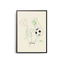 abstract sexy woman football line art poster, midcentury modern hand drawn black white art, midcentury line art print, m