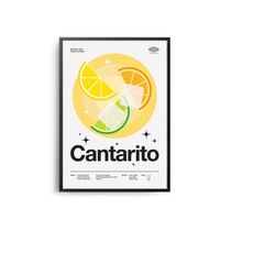 midcentury cantarito cocktail poster, cantarito cocktail print, cocktail kitchen art, cantarito cocktail recipe poster,