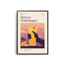 harvey wallbanger cocktail midcentury poster, cocktail recipe poster, cocktail guide, kitchen cocktail wall decor, class