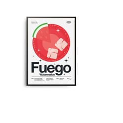 midcentury fuego watermelon cocktail poster, fuego watermelon cocktail print, cocktail kitchen art, cocktail recipe prin