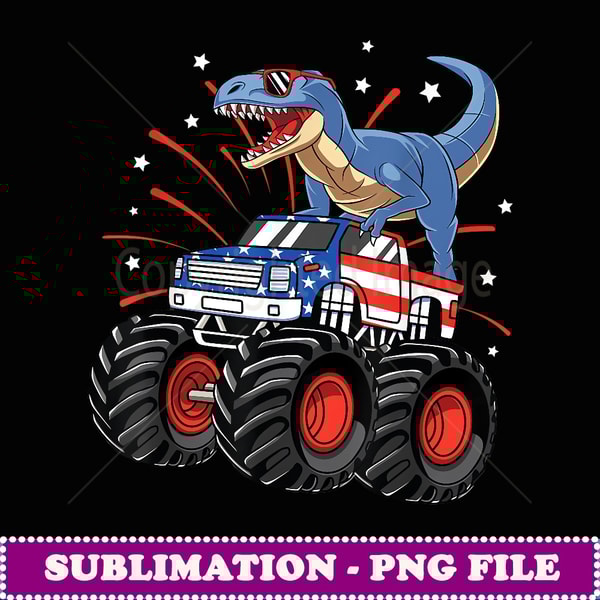 4h of July Dinosaur Trex Monser Truck American Flag - Elegant Sublimation PNG Download