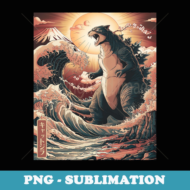 Funny Catzilla Cat Japanese Art Retro Sunset Kawaii Cat Meow - Sublimation PNG File