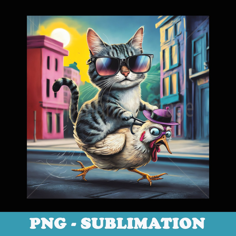 Funny Cat Riding Chicken Cat wearing sunglasses and Chicken - Aesthetic Sublimation Digital File