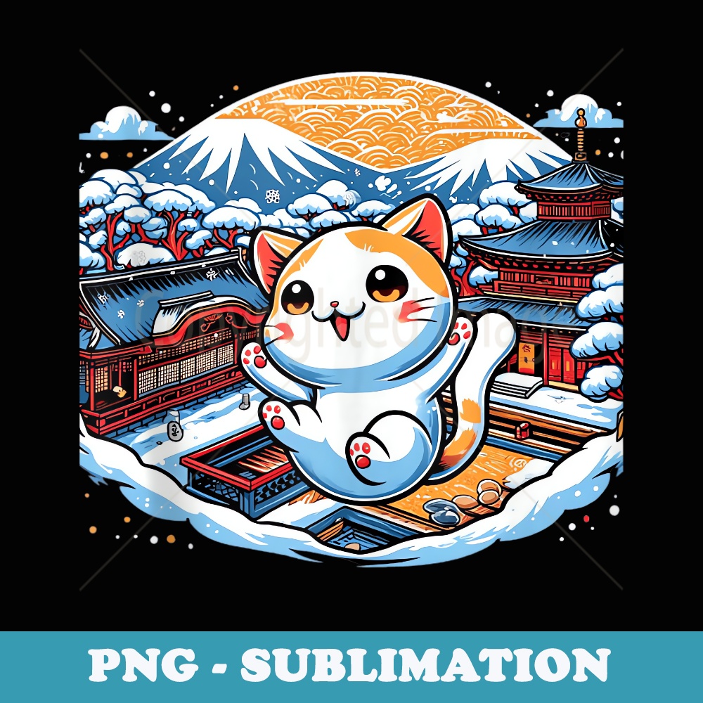 Cheerful Winter Kitten Lover Japanese Art Cute Cat - PNG Transparent Sublimation File