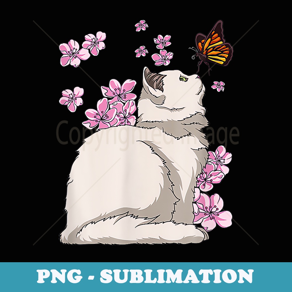 Cat With Butterfly Japanese Sakura Cherry Blossom - Sublimation PNG File