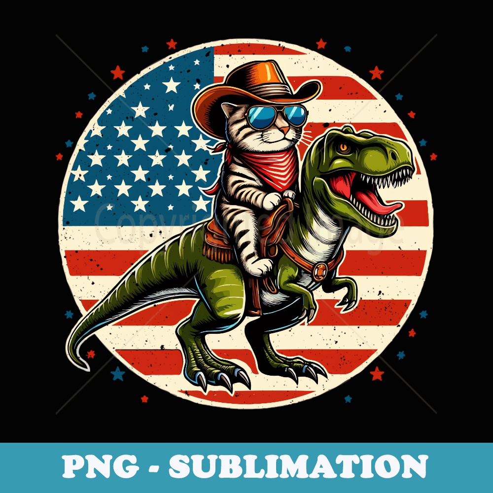 Funny Cowboy Cat Riding Dinosaur USA Flag Rex 4th of July - Decorative Sublimation PNG File