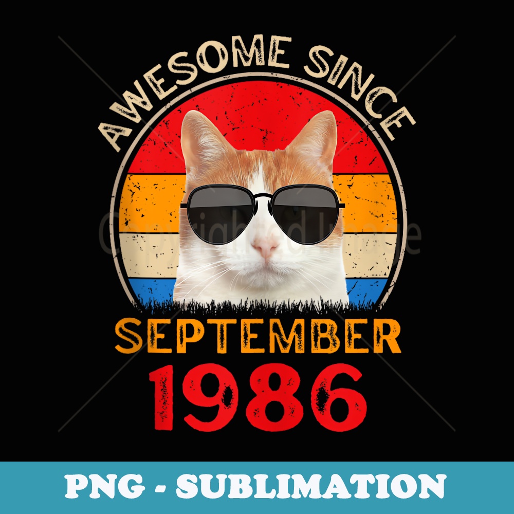 Retro Sunset Awesome Since September 1986 Birthday Cat Lover - Vintage Sublimation PNG Download