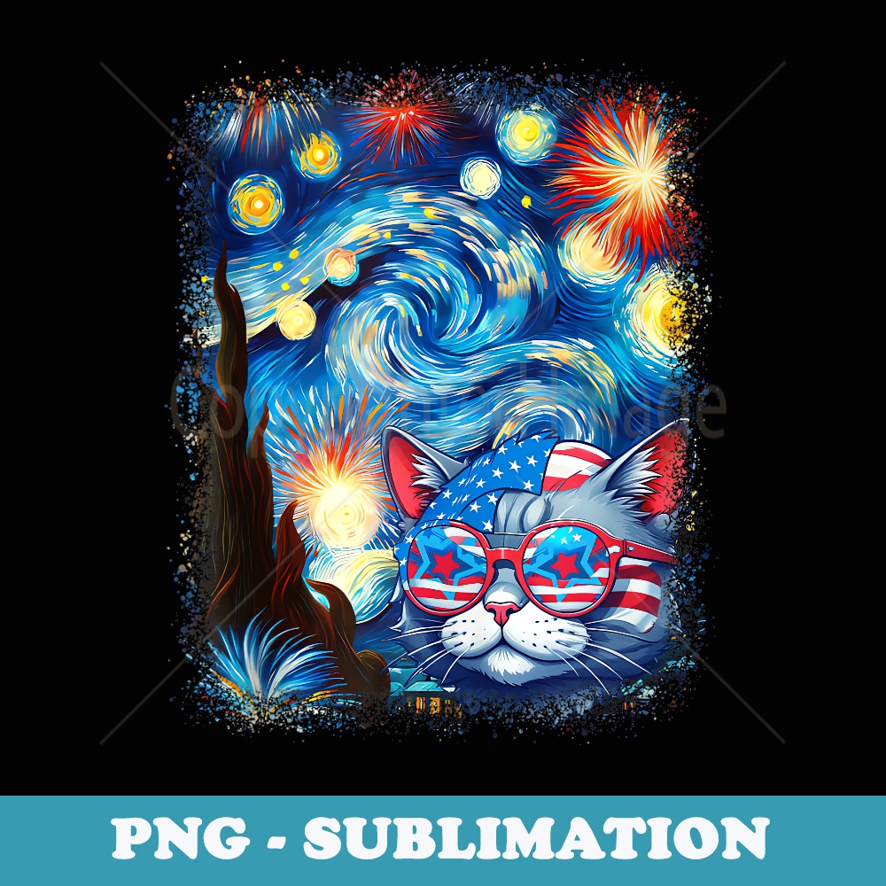 Patriotic Cat July 4th Van Gogh Starry Night Fireworks - Exclusive PNG Sublimation Download