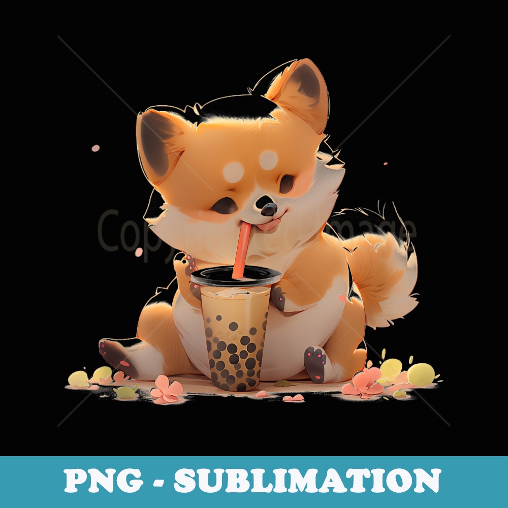 cute anime shiba inu dog drinking boba milk tea kawaii art - Instant PNG Sublimation Download