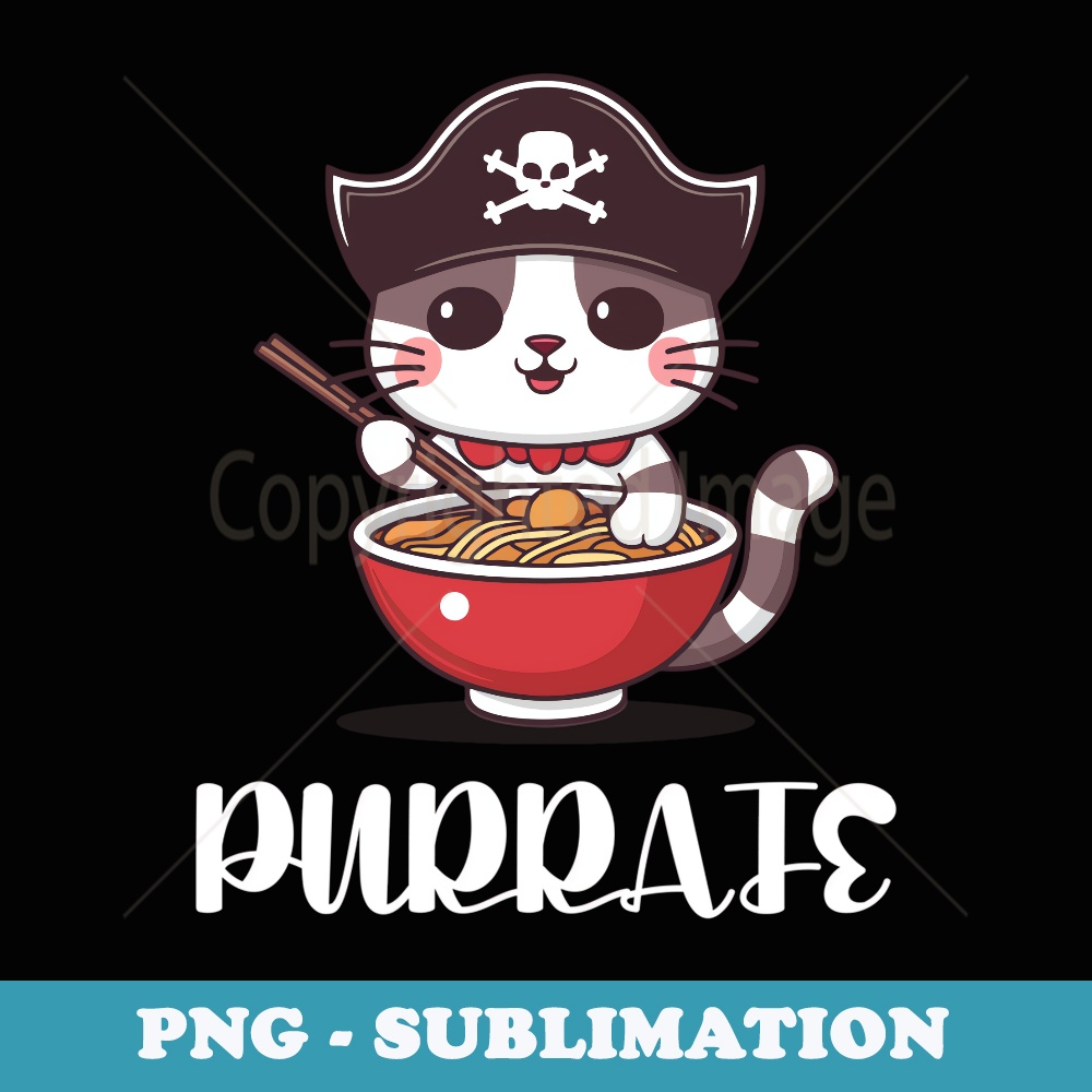 Funny smiling kawaii pirate cat hat purrate eating spaghetti - Premium PNG Sublimation File