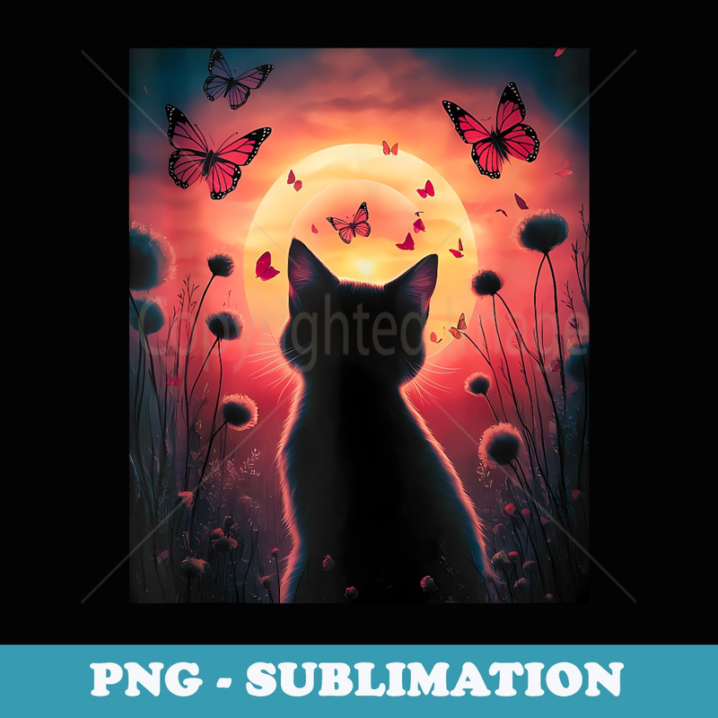 Stunning Cat Watching the Sunset with Butterflies - Elegant Sublimation PNG Download