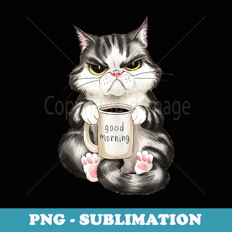Funny Grey cat drinks coffee. Angry cat - PNG Sublimation Digital Download