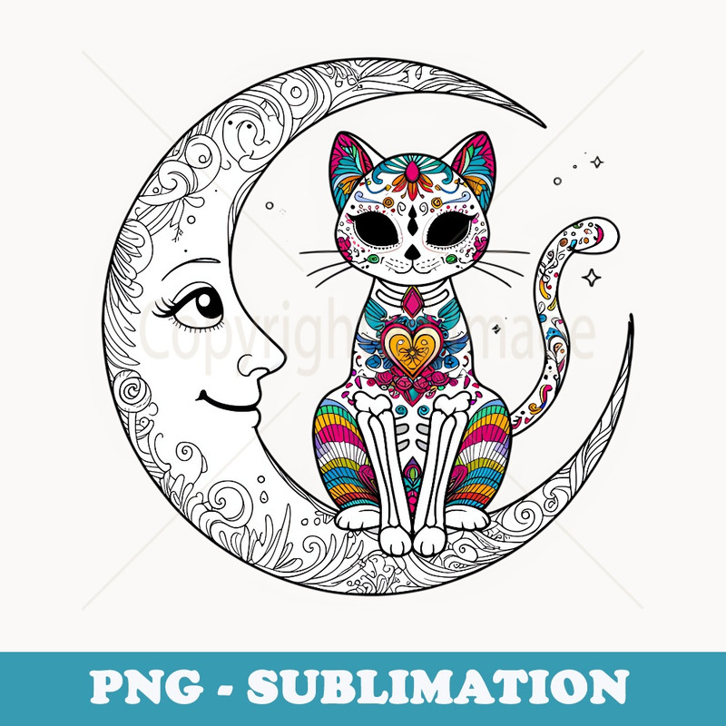 Sugar Skull Cat Moon Dia De Los Muertos Halloween Costume - PNG Transparent Sublimation Design