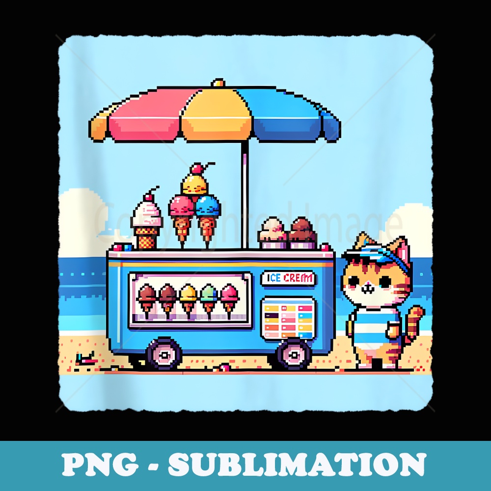 Pixelated Cat Vendor Serves Dessert On Beach. Serving Cart - Sublimation PNG File
