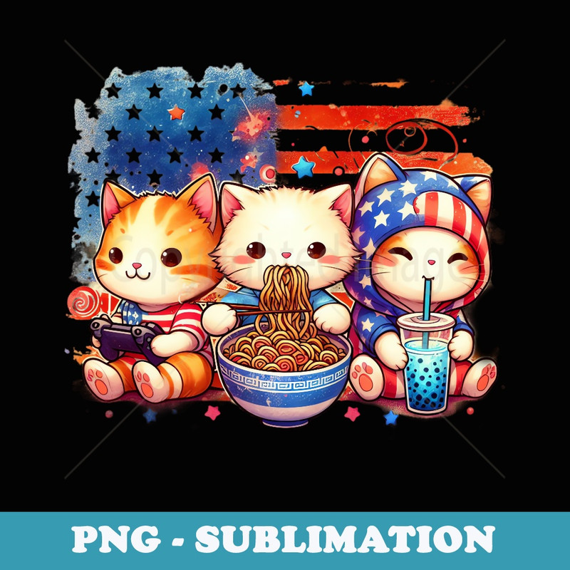 Anime Boba Tea Bubble Tea Gaming Gamer Ramen Cat 4th of july - Vintage Sublimation PNG Download