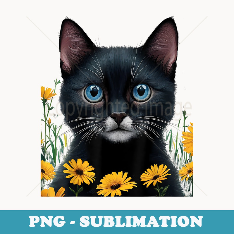 Stunning Black Cat with Blue Eyes and Yellow Daisies - Sublimation PNG File