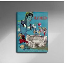 madrid spain bull fight european vintage travel poster print canvas, iberia air lines of spain, bullfighting arena, canv