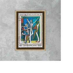 the three dancers stamp art postage, painting by pablo picasso, still life poster, vintage poster, central africa, trave