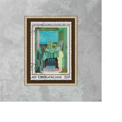 still life in front of a window at saint-raphael stamp art postage, pablo picasso, vintage poster, central africa, trave