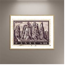 meteora landscape purple greek stamp, greece stamp poster print poster framed, greek mythology, art postage, travel post