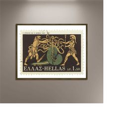 greek postage shows hercules killing lernaean hydra, stamp poster print poster framed, wall art decoration, vintage trav